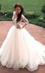 Eine Linie V-ausschnitt Langarm Spitze Promi Brautkleid GBWD199