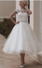 Vintage Flügelärmel 1950er Jahre Eine Linie Tee Länge Spitze Retro Brautkleid GBWD216