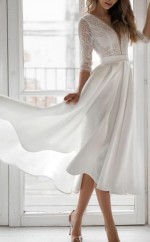 V-ausschnitt Asymmetrische Tee Länge Spitze Satin 3/4 Länge Ärmel Vintage 1950er Jahre Brautkleid GBWD236