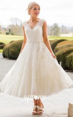 V Hals Spitze Tee Länge 1950er Garten Hochzeitskleid GBWD305