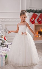 Tüll Ballkleid Illusion ärmelloses Blumenmädchen Kleid Chk135