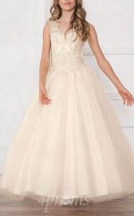 Leichtes ärmelloses Knöchellanges A-linien-ballkleid Für Kinder Aus Champagner-spitze Aus Tüll Mit V-ausschnitt (FGD291)