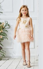 Leichtes Champagner Satin Spitze Juwel ärmelloses Mini Prinzessin Kinder Ballkleid (FGD313)