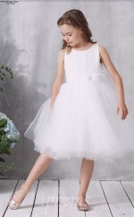 Weißes Spitzen Tüll Juwel ärmelloses Knielanges Prinzessin Kinder Ballkleid (FGD319)