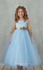 Himmelblaue Spitze Tüll Juwel Halbe Ärmel Tee Länge Prinzessin Kinder Ballkleid (FGD325)