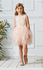 Perlrosa Tüll Juwel ärmellose Mini Prinzessin Kinder Ballkleid (FGD327)