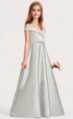 Silbernes Satin-Erstkommunionkleid, Blumenmädchenkleid GJFGD043
