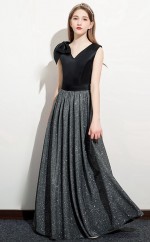 Schwarzes V-Ausschnitt-Paillettenkleid für Kinder-Abschlussball, Mädchen-Geburtstagspartykleid GJFGD057