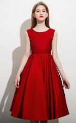 Burgunderfarbenes Satin-Tee-Länge-Kleid für Kinder-Brautjungfern, Blumenmädchenkleid GJFGD076