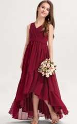 Burgunderfarbenes Chiffon-Kleid mit hoher Taille für Kinder-Brautjungfern, Blumenmädchenkleid GJFGD078
