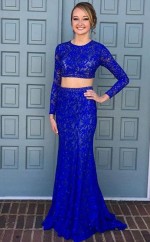 Schicke Lange Ärmel Blaue Spitze 2 Stück Ballkleid JT2PDE014
