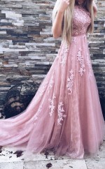 Rosa Spitze Tüll Bateau A-linie Langes Promi-kleid (GJT3699)