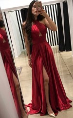 Burgunder Satin Chiffon Halfter A-line Langes Sex Prom Kleid (GJT3730)