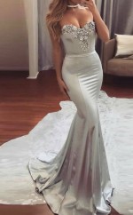 Silber Charmeuse Schatz Trompete / Meerjungfrau Langes Promikleid (GJT3733)