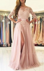 Nude Pink Tüll Bateau Halbarm A-linie Langes Promi-kleid (GJT3752)