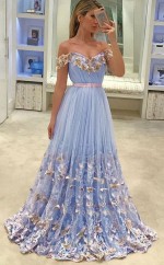 Lila Tüll Von Der Schulter Kurzarm A-linie Langes Promi-kleid (GJT3777)