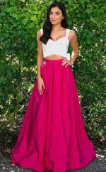 Fuchsia Taftgurte A-linie Langes Zweiteiliges Ballkleid (GJT3791)