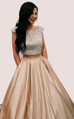 Champagner Spitze Stretch Satin Schaufel Kurzarm A-linie Langes Zweiteiliges Ballkleid (GJT3792)