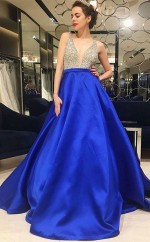 Helles Königsblaues Satin-a-linien-sexkleid Mit V-ausschnitt (GJT3794)