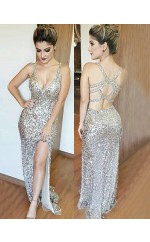 Silber Pailletten V-ausschnitt Trompete / Meerjungfrau Langes Sex Ballkleid (GJT3795)