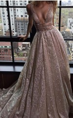 Champange Spitze V-ausschnitt A-linie Langes Sex Ballkleid (GJT3797)