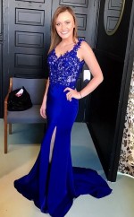 Königsblau Charmeuse Spitze Trompete / Meerjungfrau V-ausschnitt Sweep Train Ballkleid (GJT3800)