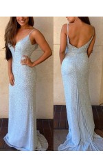 Himmelblaue Paillettenscheide / Säule V-ausschnitt Sweep Train Ballkleid (GJT3803)