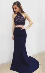 Marineblaue Satin Trompete / Meerjungfrau Halfter Sweep Zug Zweiteiliges Ballkleid (GJT3805)