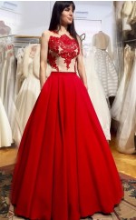 Rotes Satin A-line Illusion Bodenlanges Abendkleid (GJT3806)
