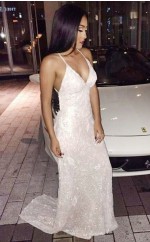 Elfenbein Spitze Scheide / Säule V-ausschnitt Sweep Train Sex Prom Kleid (GJT3811)