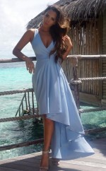 Himmelblaues, Asymmetrisches Cocktailkleid Aus Satin-chiffon Mit A-linie Und V-ausschnitt (GJT3812)