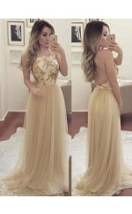 Graue Tüll A-linie Träger Fegen Zug Abendkleid (GJT3813)