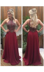 Burgunder Chiffon A-linie Halfter Bodenlanges Abendkleid (GJT3815)