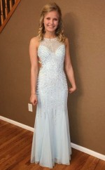 Himmelblaues Tüll A-linie Bateau Bodenlanges Abendkleid (GJT3818)