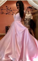 Errötend Rosa Charmeuse Trompete / Meerjungfrau V-ausschnitt Sweep Zug Ballkleid (GJT3825)