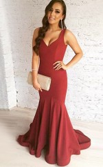 Burgunder Satin A-linie V-ausschnitt Sweep Train Abendkleid (GJT3830)