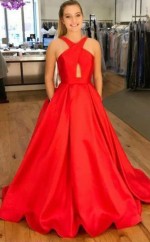 Rotes Taft Trompete / Meerjungfrau V-ausschnitt Sweep Zug Promi-kleid (GJT3831)