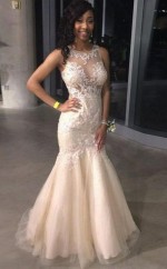 Graue Tüllspitze Trompete / Meerjungfrau Illusion Bodenlanges Abendkleid (GJT3838)