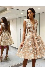 Champange Lace A-line Jewel Kurzarm Knielanges Cocktailkleid (GJT3844)