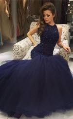 Dunkelblaue Spitze Tüll Trompete / Meerjungfrau Juwel Bodenlanges Abendkleid (GJT3845)