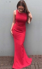 Rotes Satin Trompete / Meerjungfrau Juwel Bodenlanges Abendkleid (GJT3846)