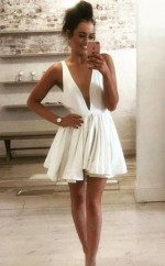 Elfenbein Chiffon A-linie V-ausschnitt Mini Mini Cocktailkleid (GJT3850)