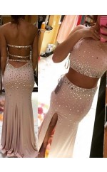 Graue Satin Chiffon Trompete / Meerjungfrau Halfter Bodenlange Zweiteilige Ballkleider (GJT3867)