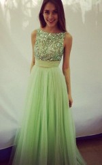 A-linie Bateau Bodenlangen Abendkleider Aus Salbei-tüll (GJT3884)