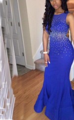 Helle Königsblaue Chiffon-trompete / Meerjungfrau Bateau Bodenlange Abschlusskleider (GJT3891)