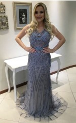 Hellblaue Tüll Trompete / Meerjungfrau V-ausschnitt Bodenlange Ballkleider (GJT3908)