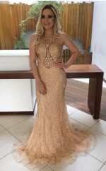 Champagner Tüll Spitze Trompete / Meerjungfrau Illusion Bodenlange Ballkleider (GJT3910)