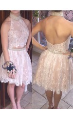 Leichte Champagner Spitze A-linie Halfter Kurz / Mini Zweiteilige Cocktailkleider (GJT3934)