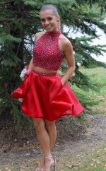 Rotes Stretch Satin A-line Halfter Kurz / Mini Zweiteilige Cocktailkleider (GJT3937)