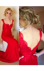 Rote Satin Chiffon Trompete / Meerjungfrau Quadratische Lange Ballkleider (GJT3941)